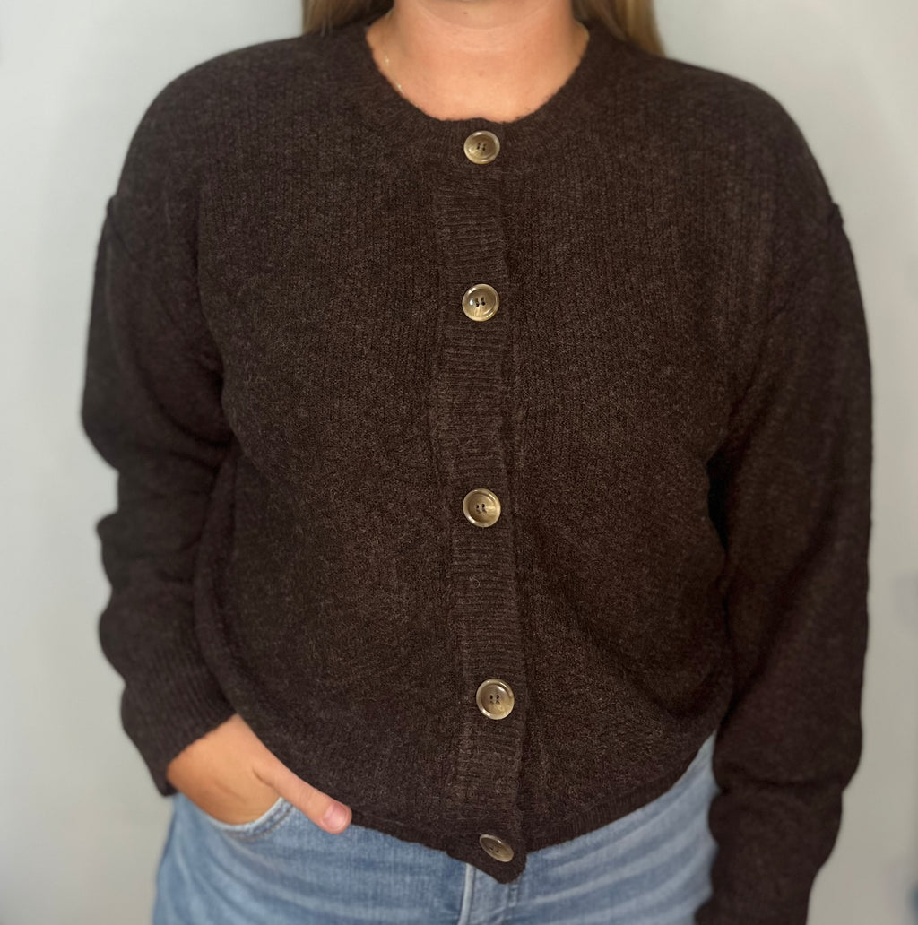 RIBBED TRIM BUTTON DOWN LONG SLEEVE KNIT CARDIGAN