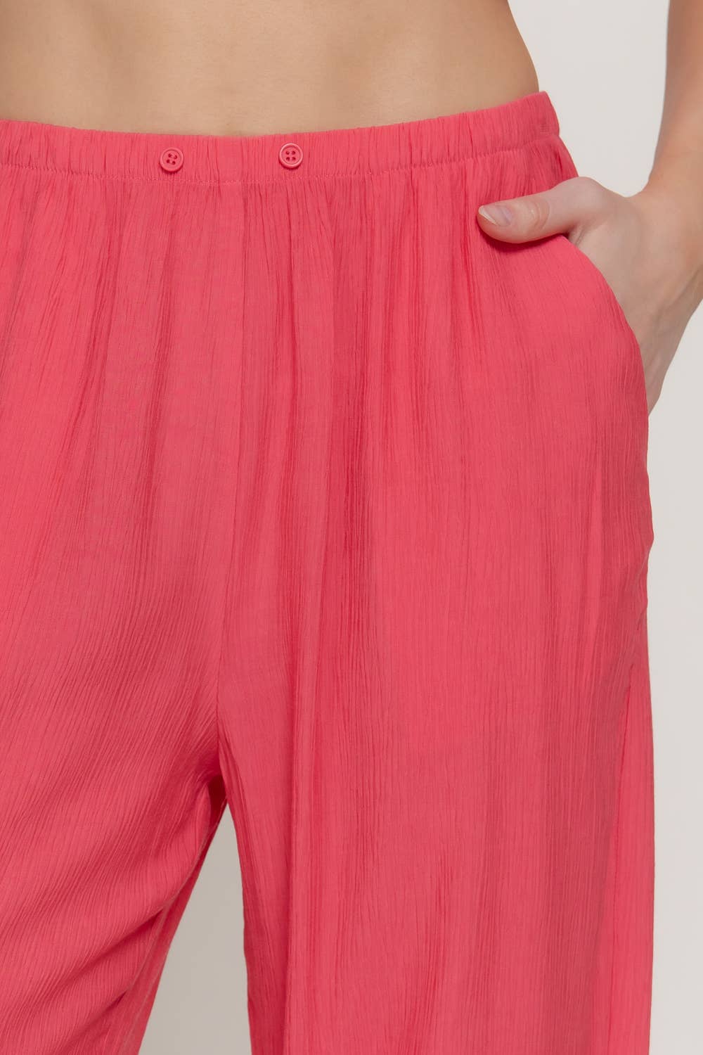 Elastic Waistband Crinkle Woven Long Pants