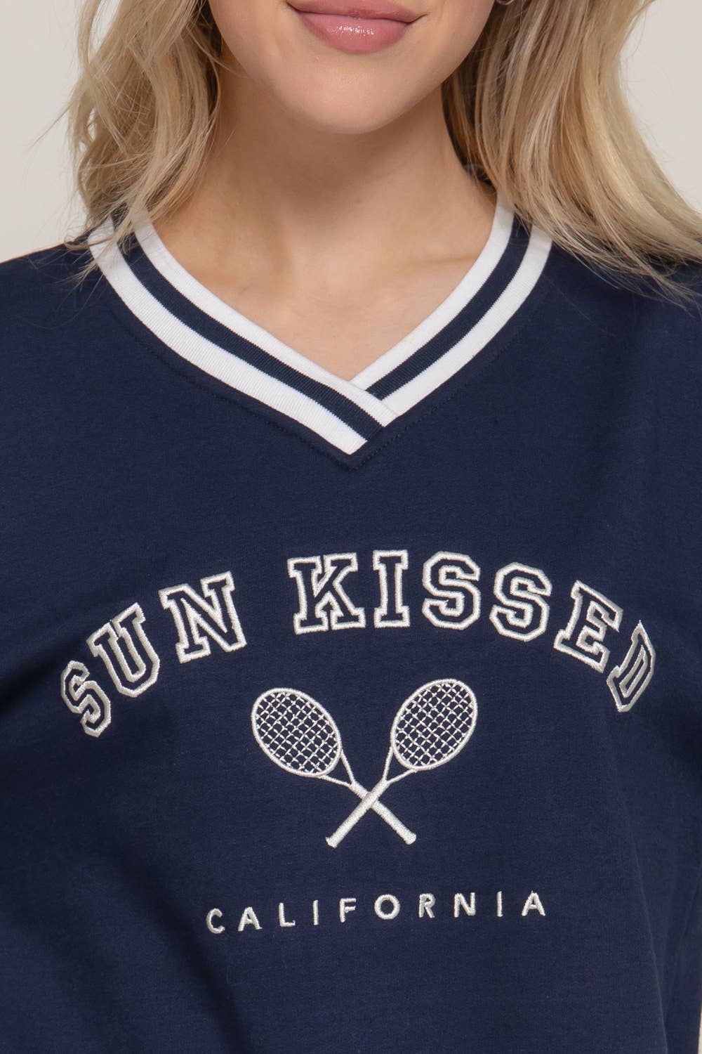 Long Sleeve V-Neck Embroidered Detail Sweatshirt