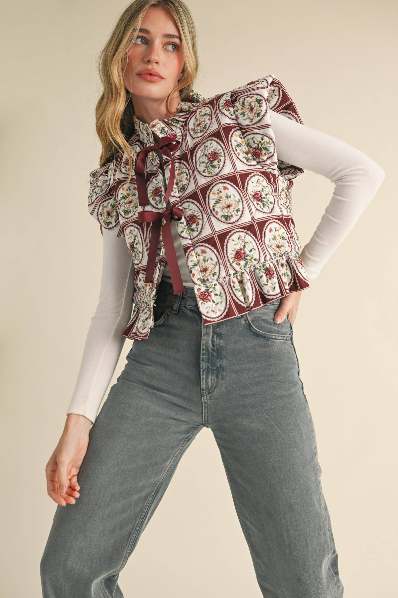 Vintage Flutter Sleeve Floral Puff Vest