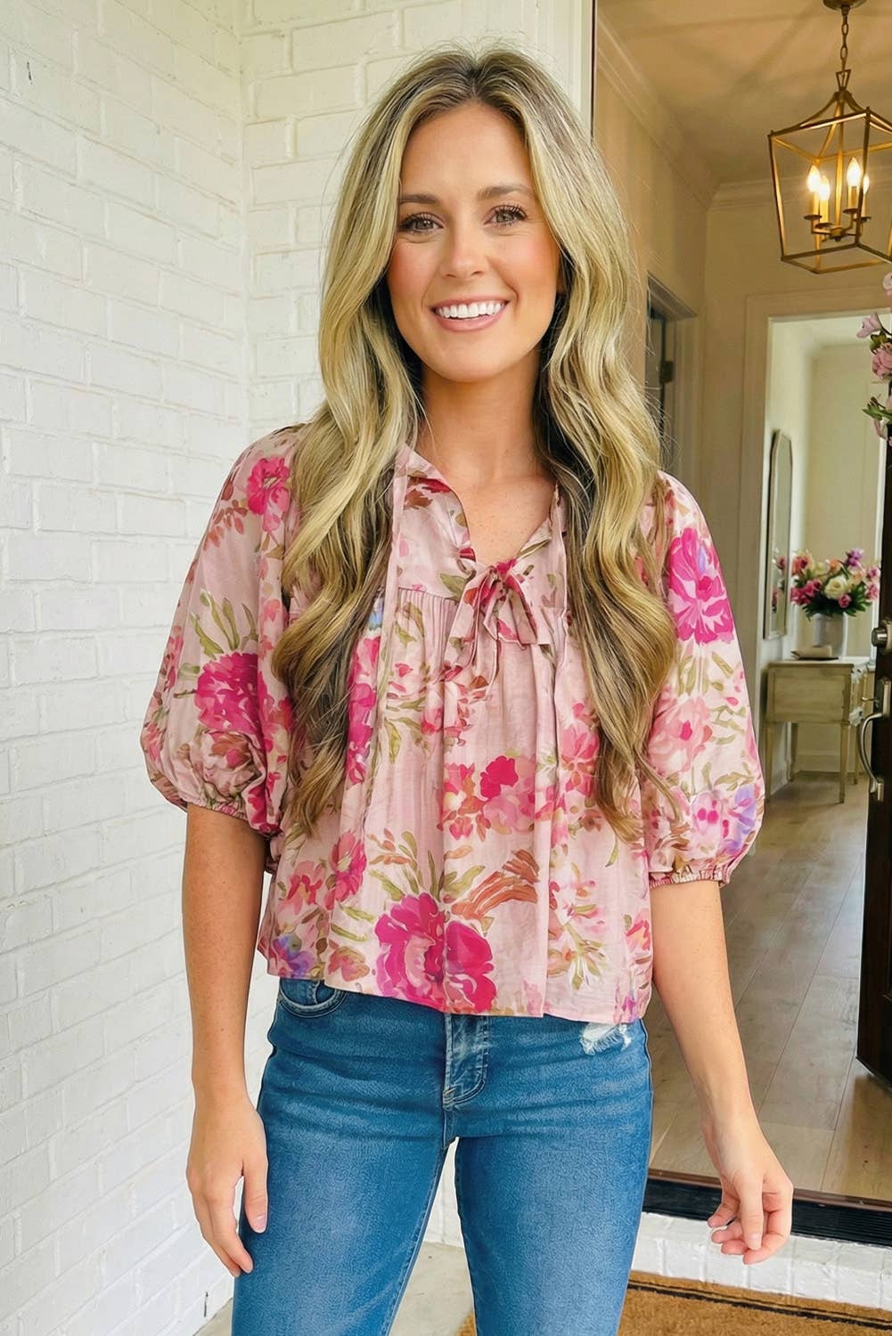 LAS-LIVE Floral Print Tie Neck Puffy Blouse (S-XL)