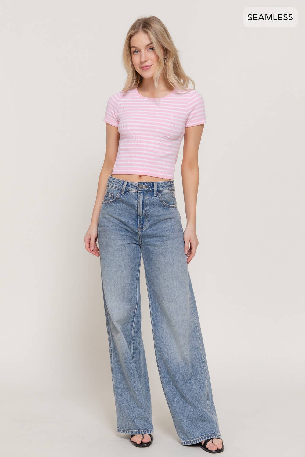 Short Sleeve Crew Neck Stripe Seamless Rib Knit Top