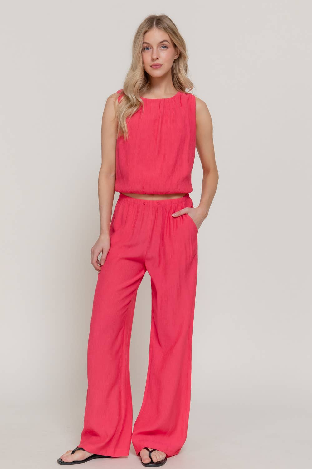 Elastic Waistband Crinkle Woven Long Pants