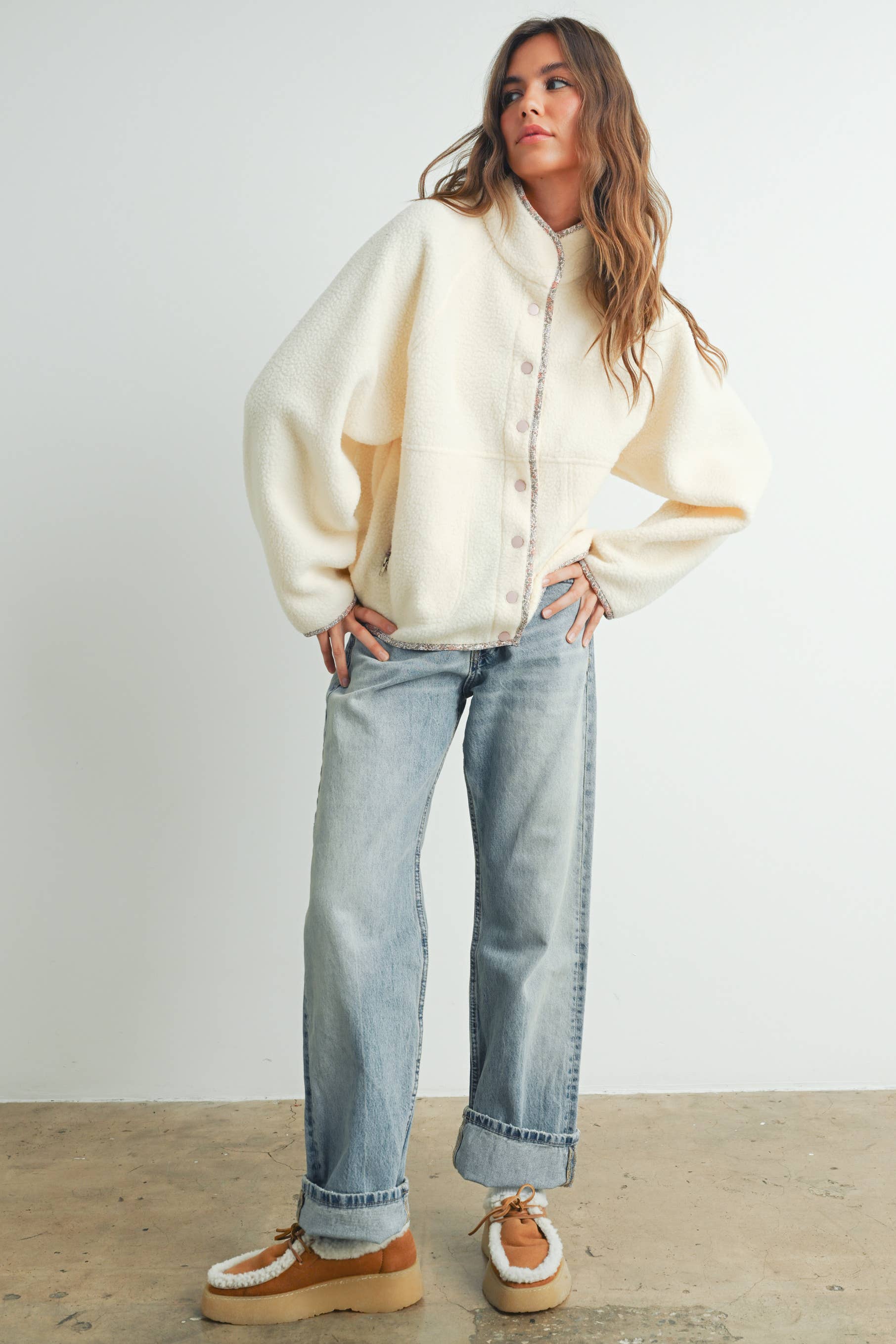 Cozy Snap Mock Neck Sherpa Fleece Jacket