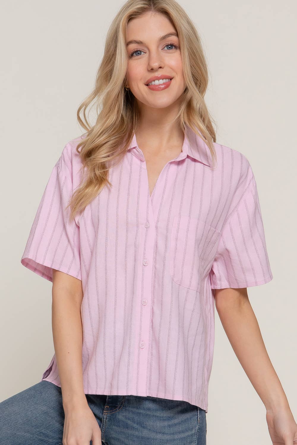 Short Dolman Sleeve Button Down Stripe Linen Shirt