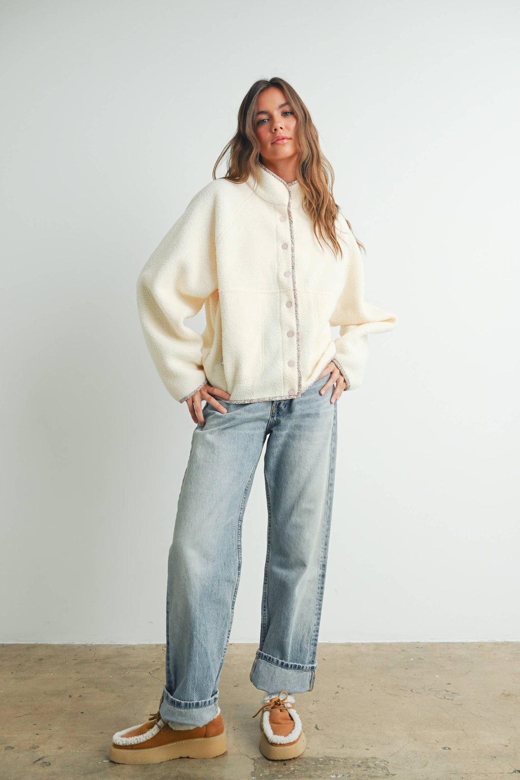 Cozy Snap Mock Neck Sherpa Fleece Jacket