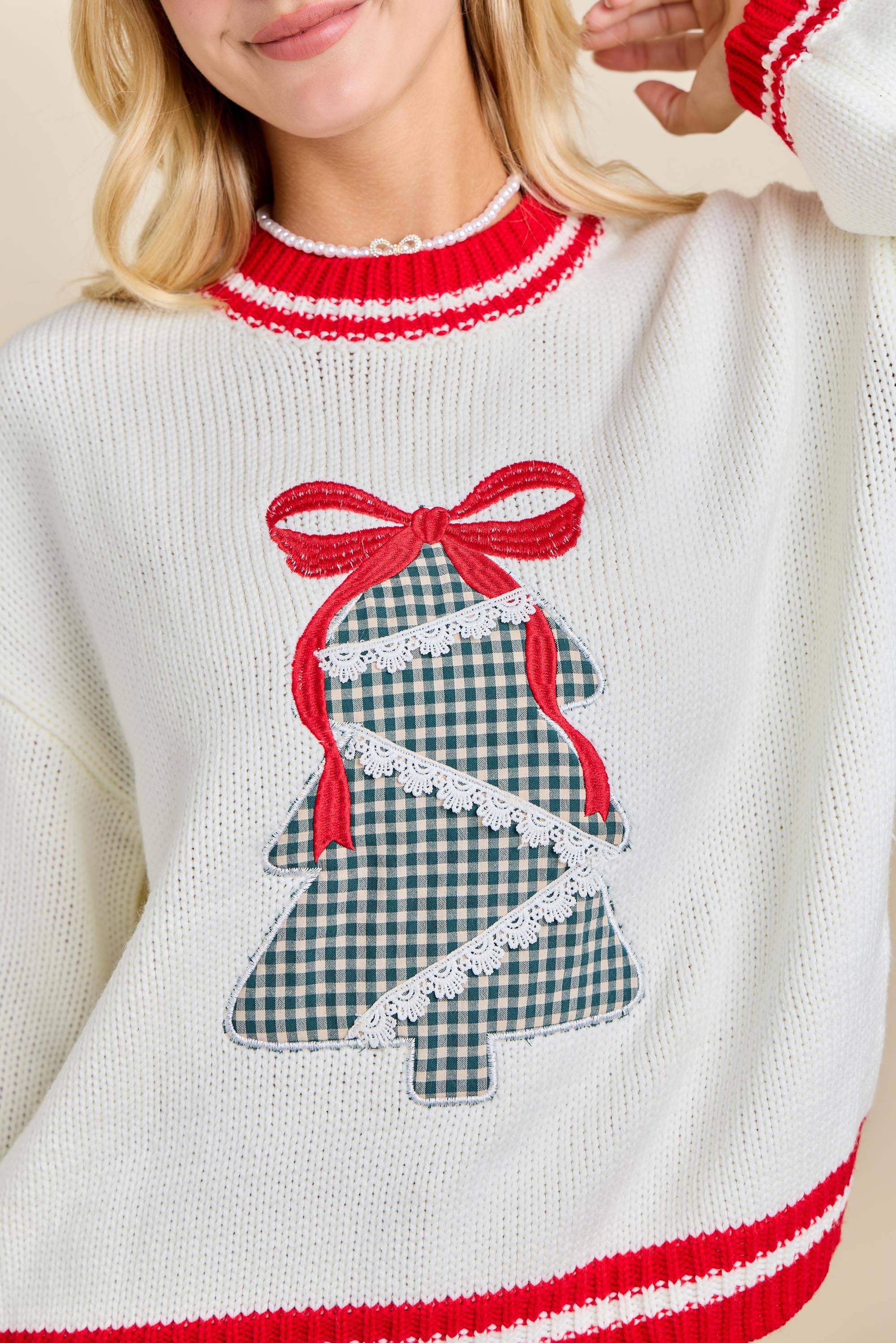 Plaid Tree Knit Sweater with Red Bow – Holiday Pullover