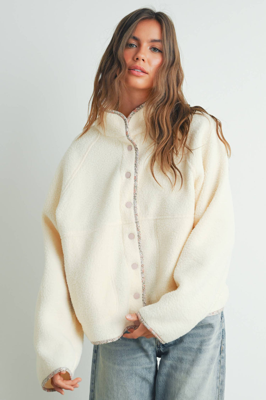 Cozy Snap Mock Neck Sherpa Fleece Jacket
