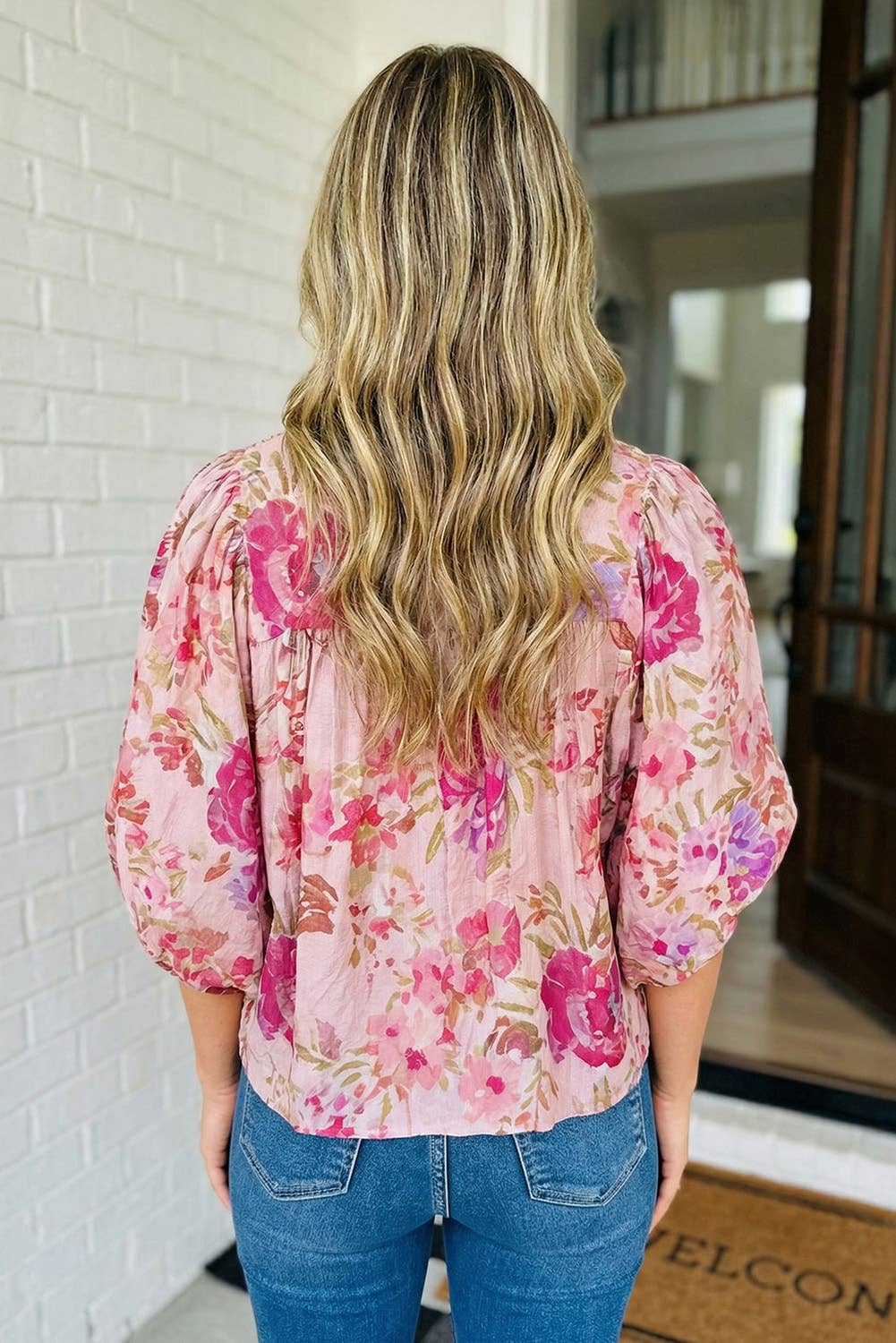 LAS-LIVE Floral Print Tie Neck Puffy Blouse (S-XL)