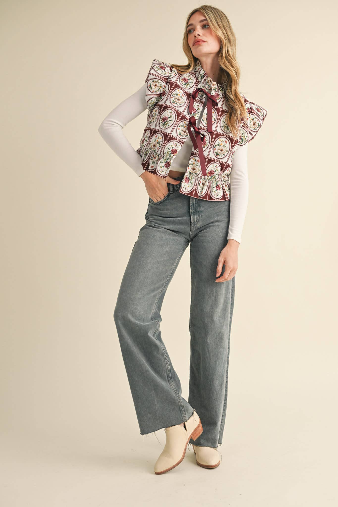 Vintage Flutter Sleeve Floral Puff Vest