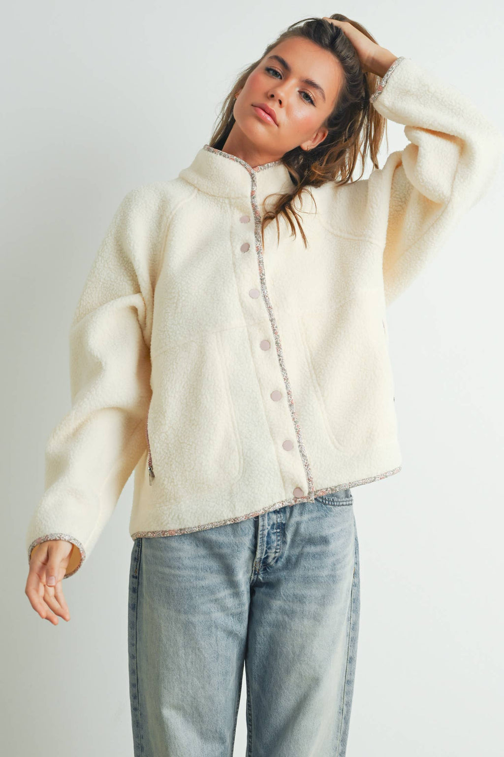 Cozy Snap Mock Neck Sherpa Fleece Jacket