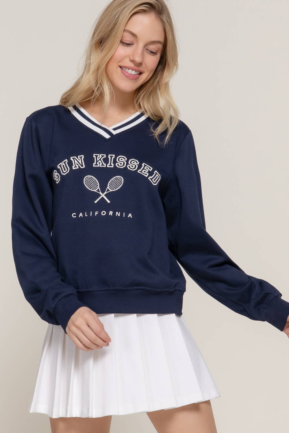 Long Sleeve V-Neck Embroidered Detail Sweatshirt