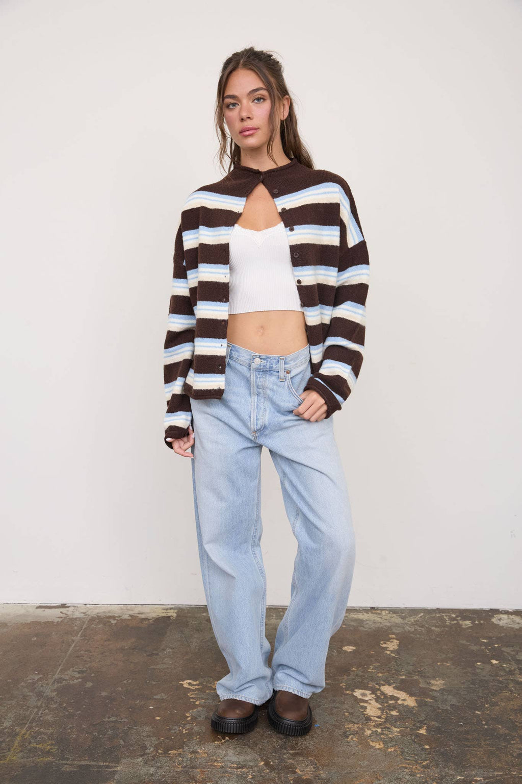 MULTI-COLOR STRIPE ROLLED NECK KNIT CARDIGAN
