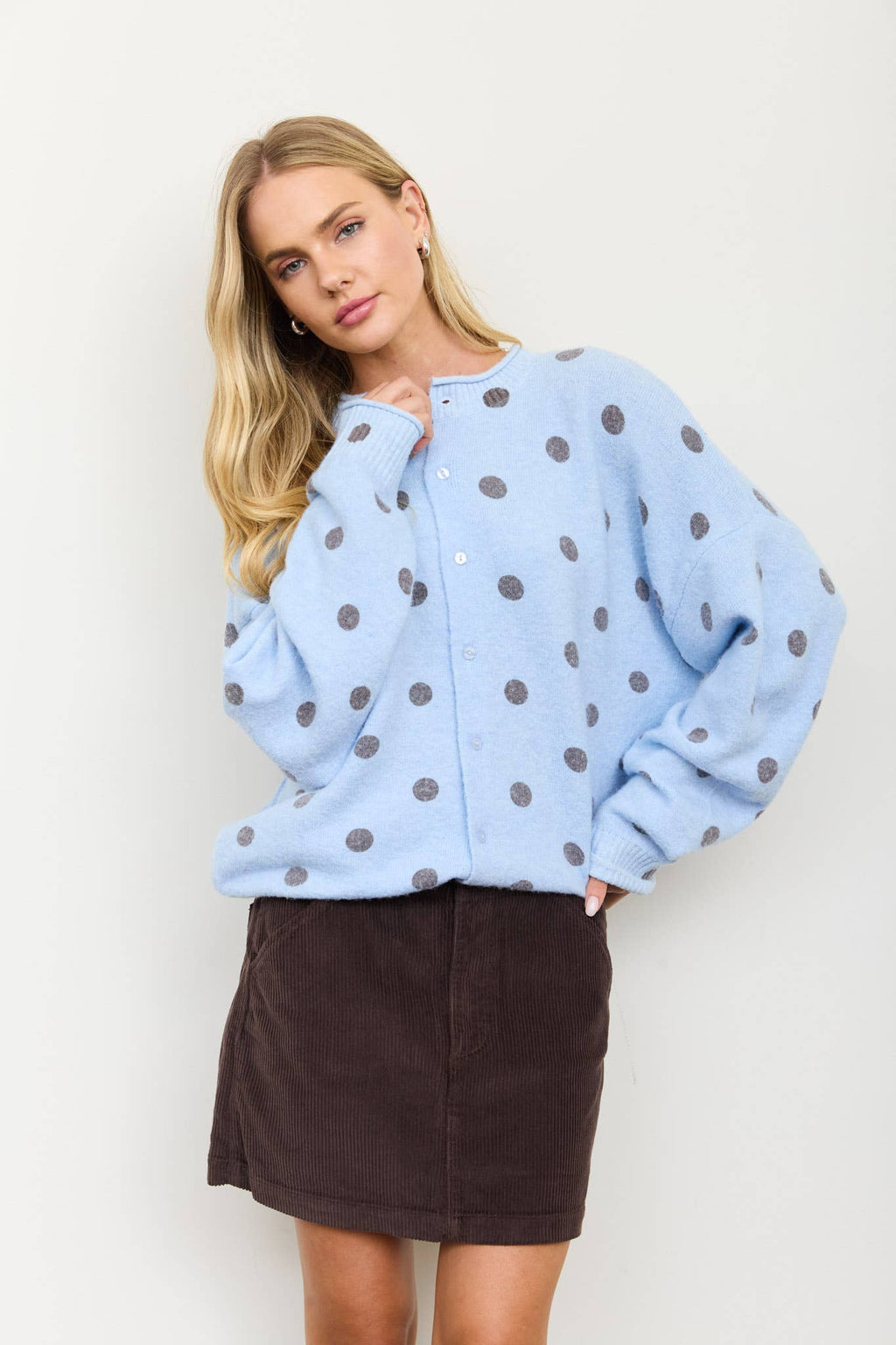 POLKA DOT RAW EDGE WIDE SLEEVE KNIT CARDIGAN