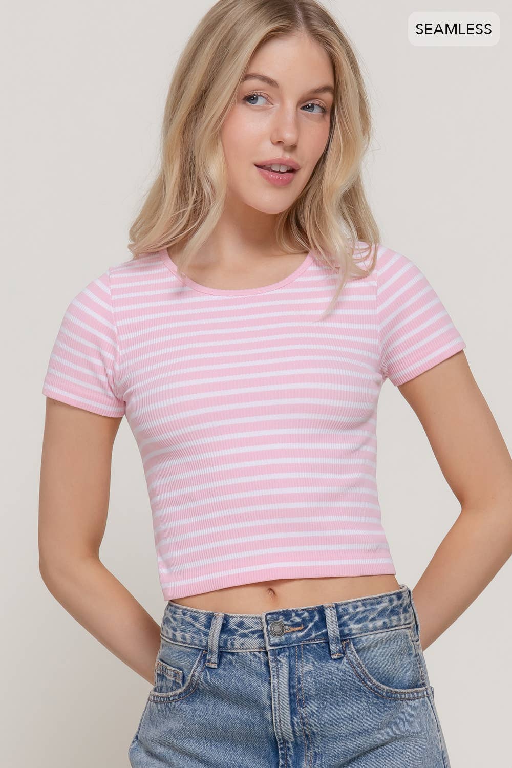 Short Sleeve Crew Neck Stripe Seamless Rib Knit Top