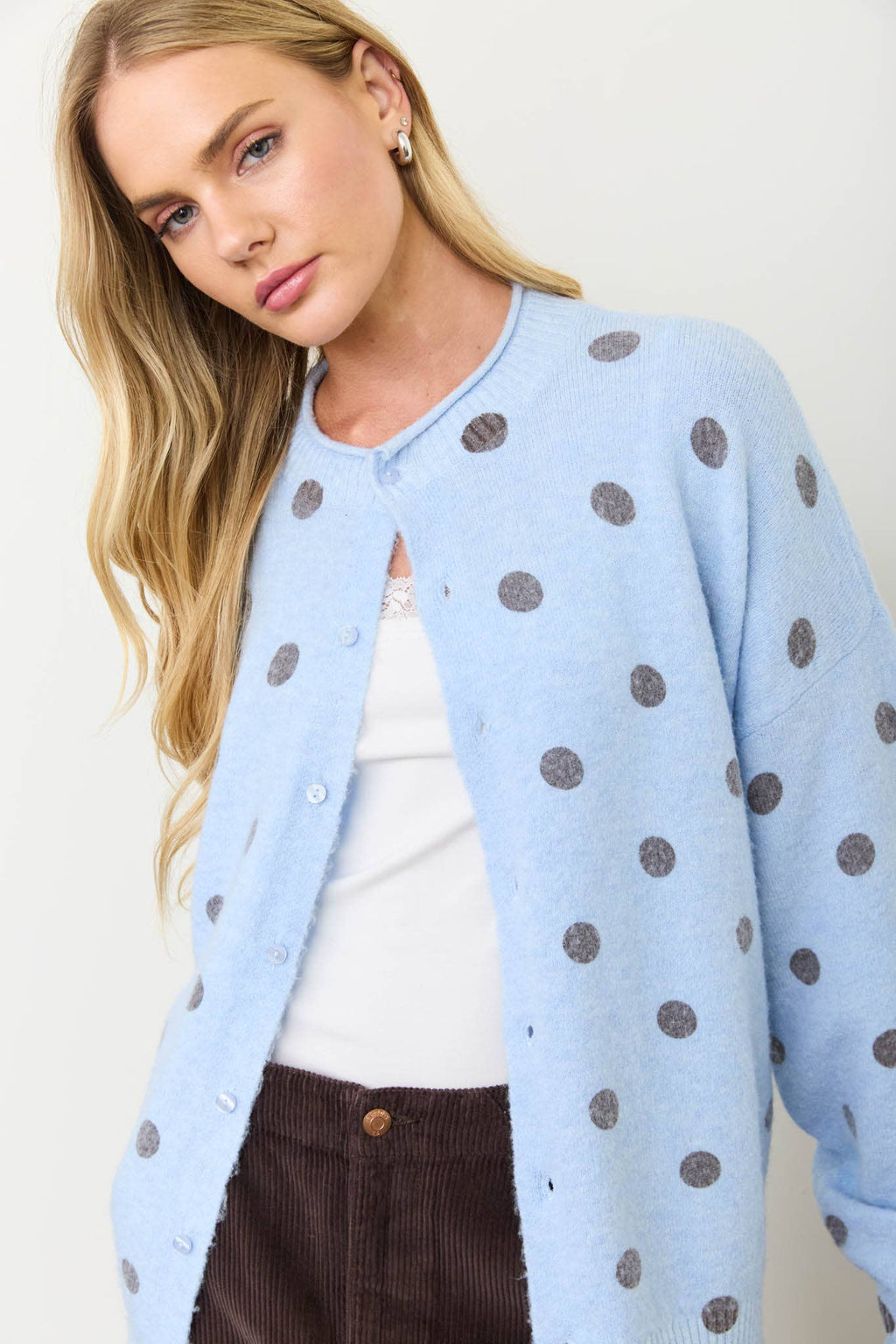 POLKA DOT RAW EDGE WIDE SLEEVE KNIT CARDIGAN
