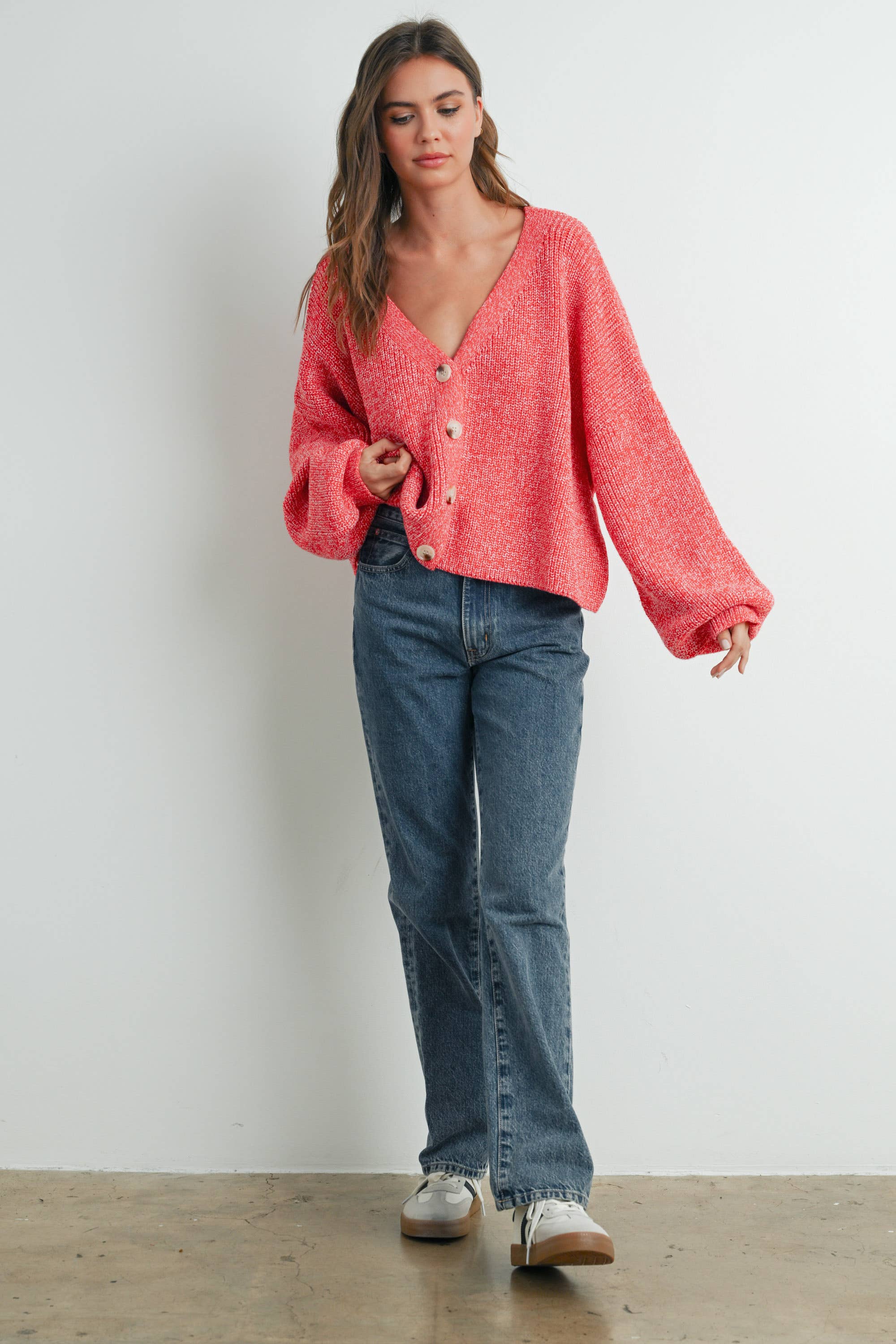 V-neck Button Down Long Sleeve Cardigan