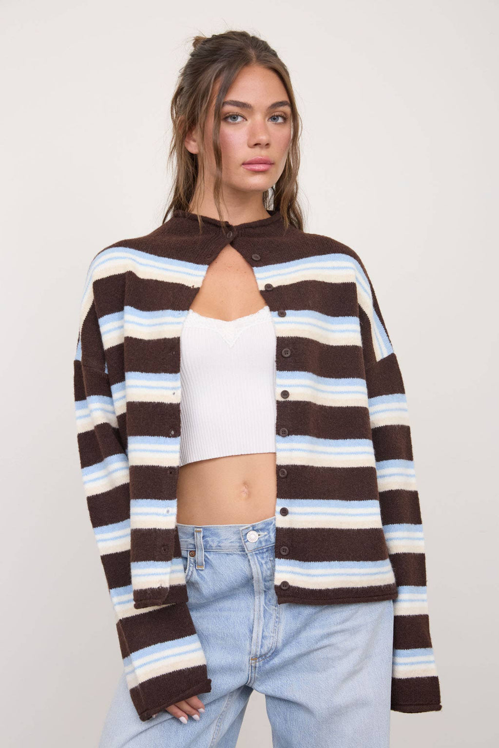 MULTI-COLOR STRIPE ROLLED NECK KNIT CARDIGAN