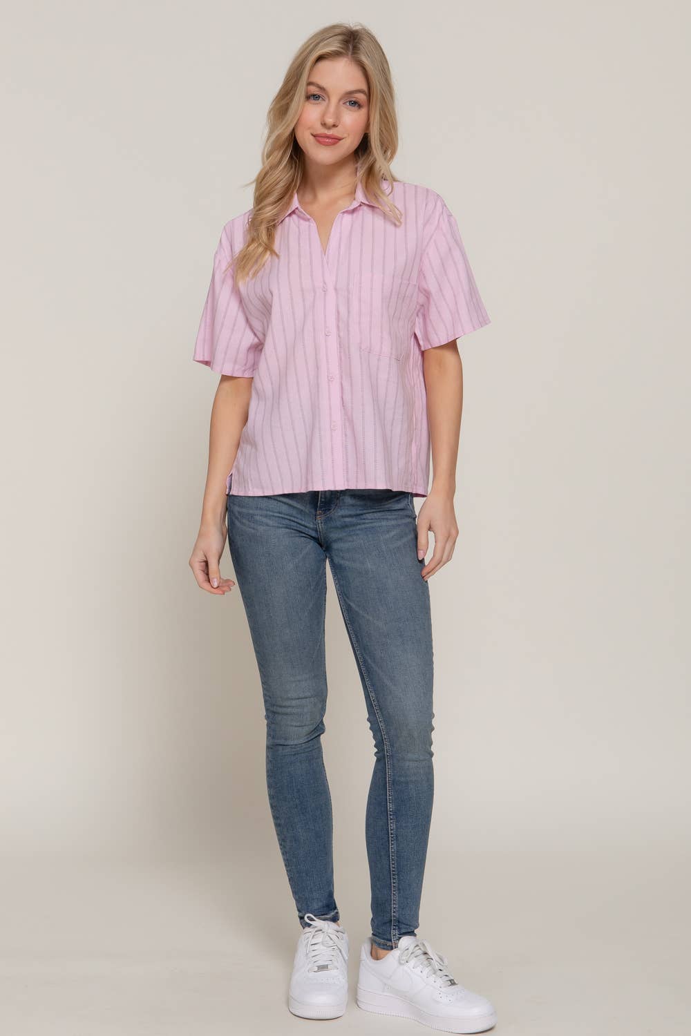 Short Dolman Sleeve Button Down Stripe Linen Shirt
