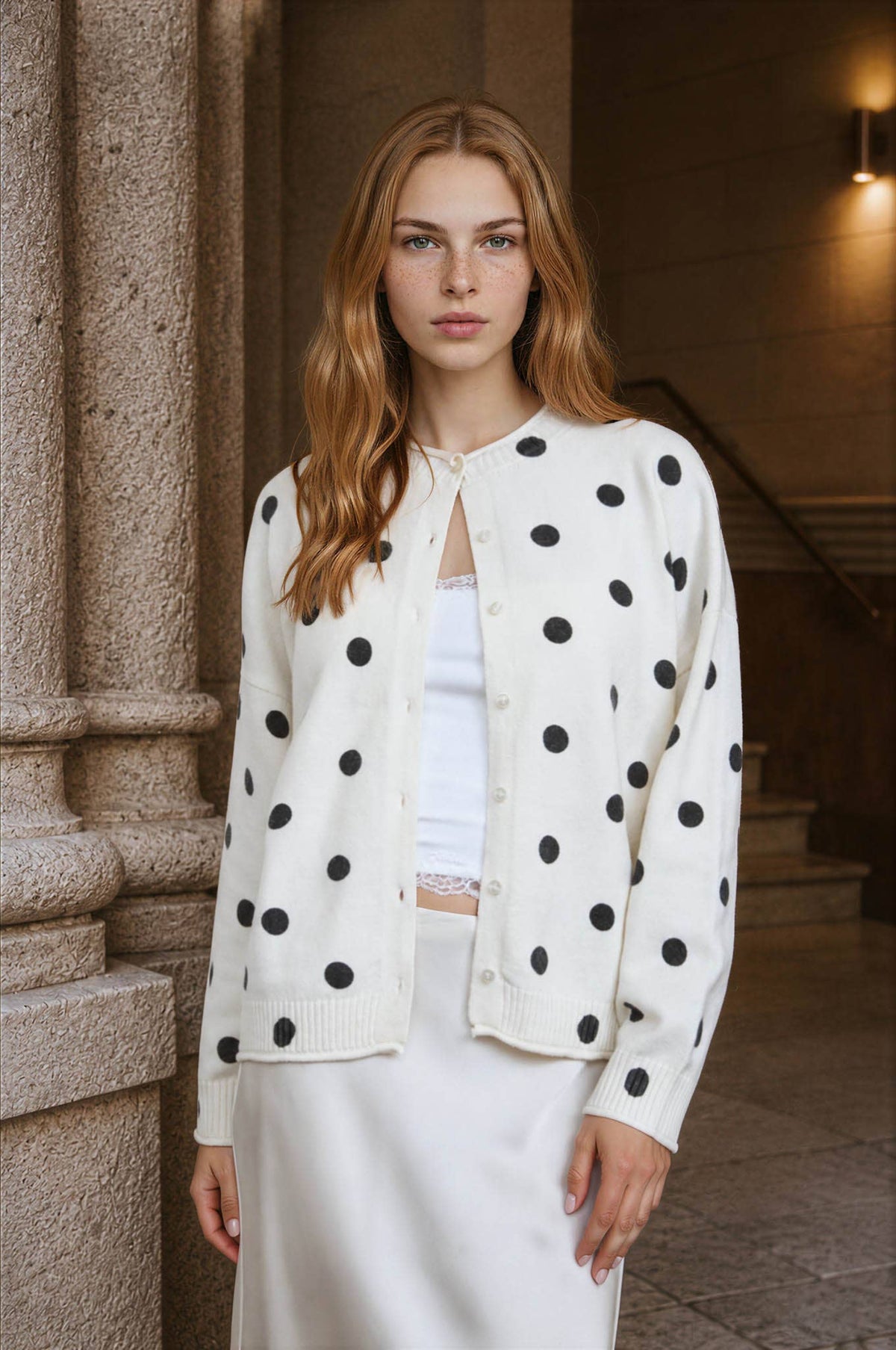 POLKA DOT RAW EDGE WIDE SLEEVE KNIT CARDIGAN