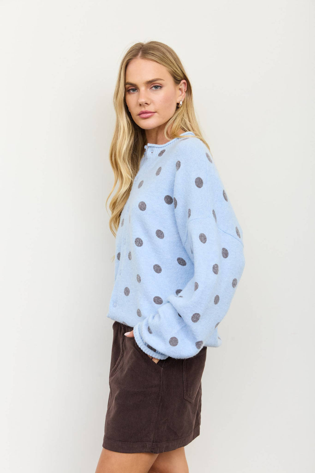 POLKA DOT RAW EDGE WIDE SLEEVE KNIT CARDIGAN