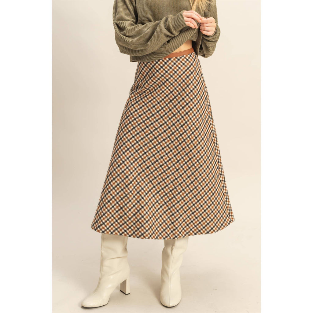 Houndstooth Checkered Wool-Like Midi Skirt
