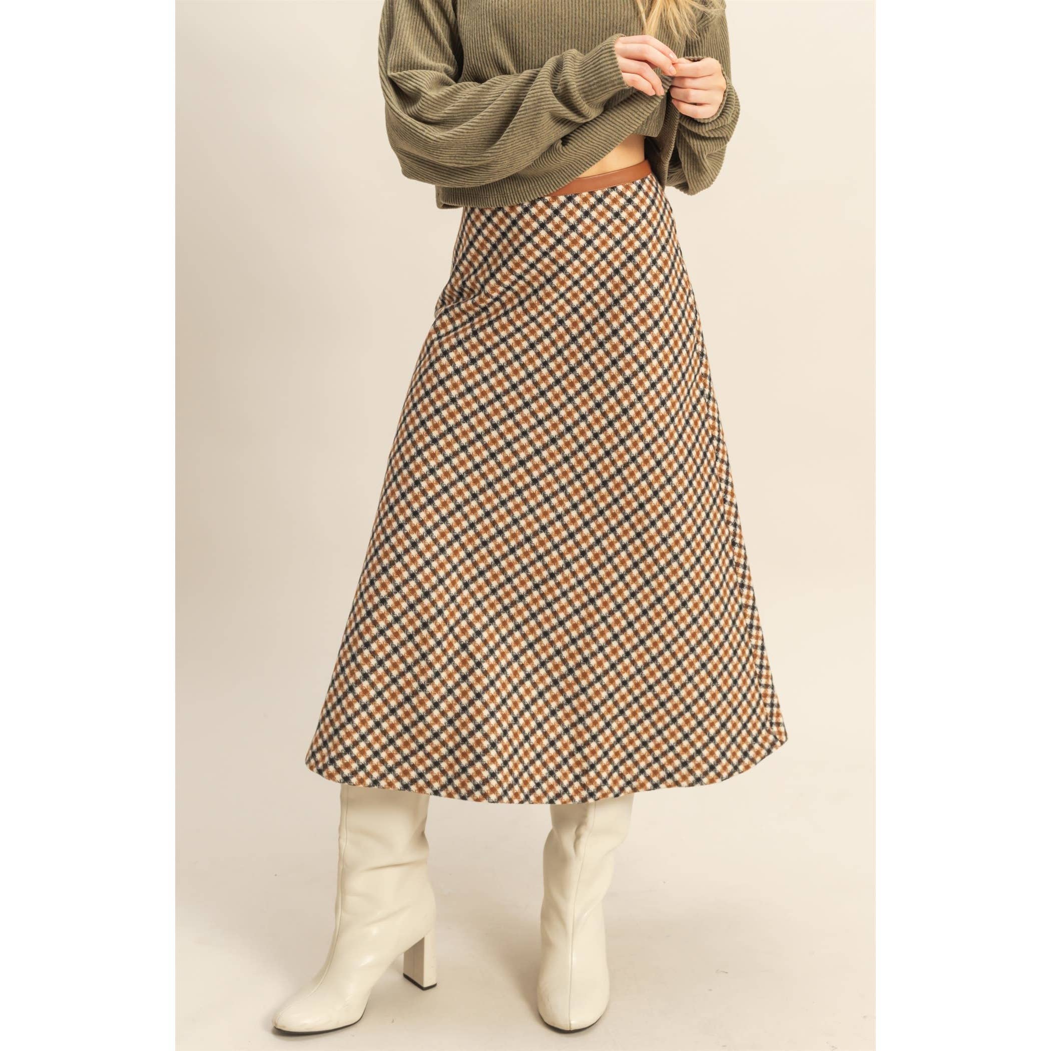 Houndstooth Checkered Wool-Like Midi Skirt