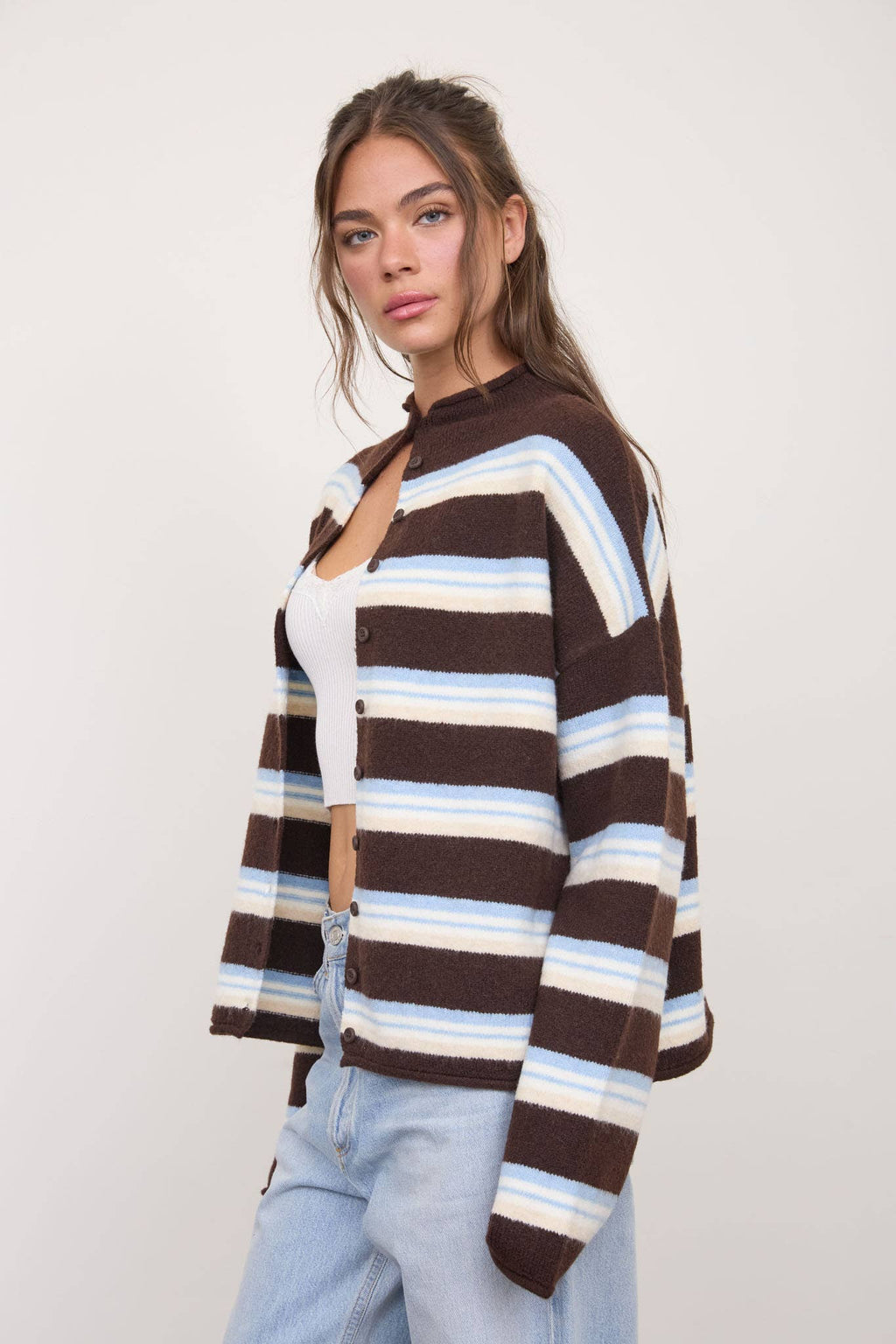 MULTI-COLOR STRIPE ROLLED NECK KNIT CARDIGAN