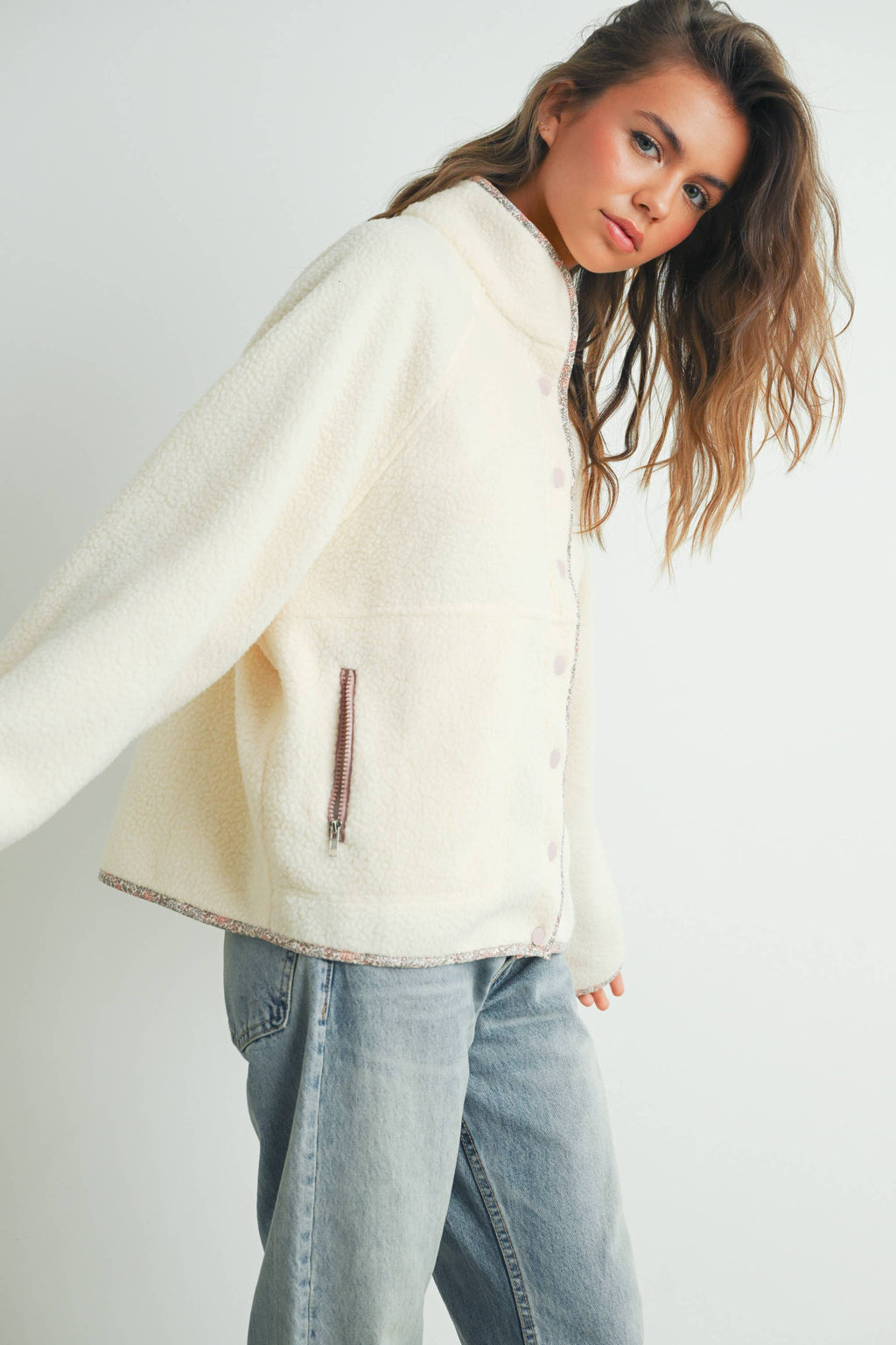 Cozy Snap Mock Neck Sherpa Fleece Jacket