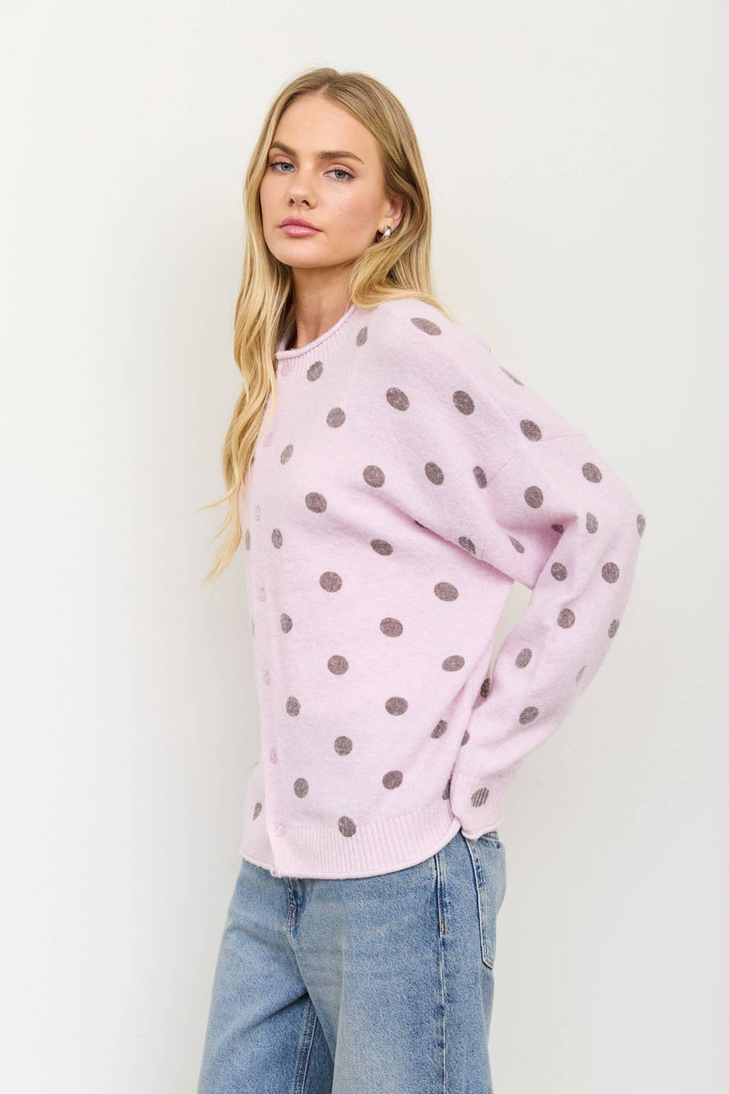 POLKA DOT RAW EDGE WIDE SLEEVE KNIT CARDIGAN