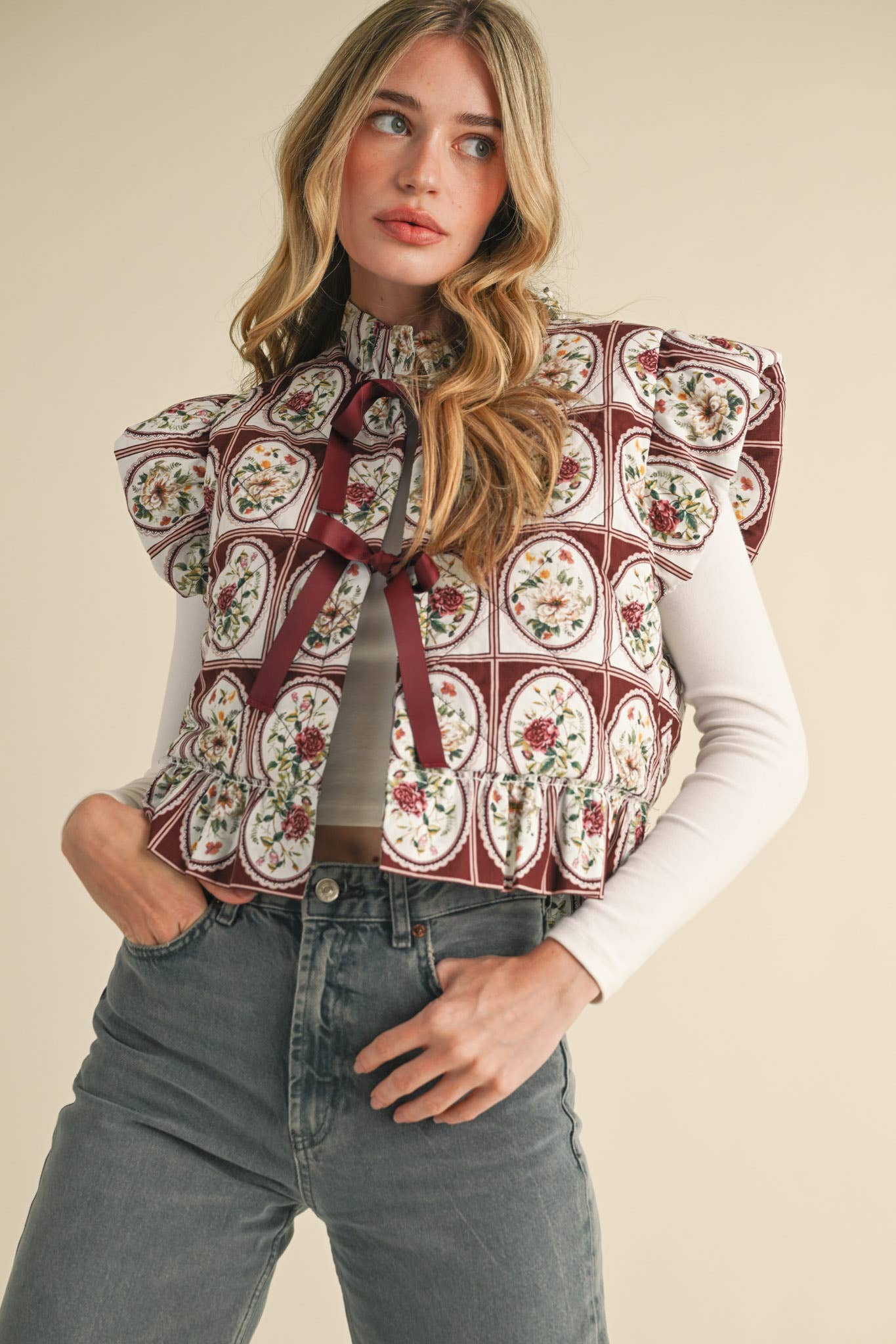 Vintage Flutter Sleeve Floral Puff Vest